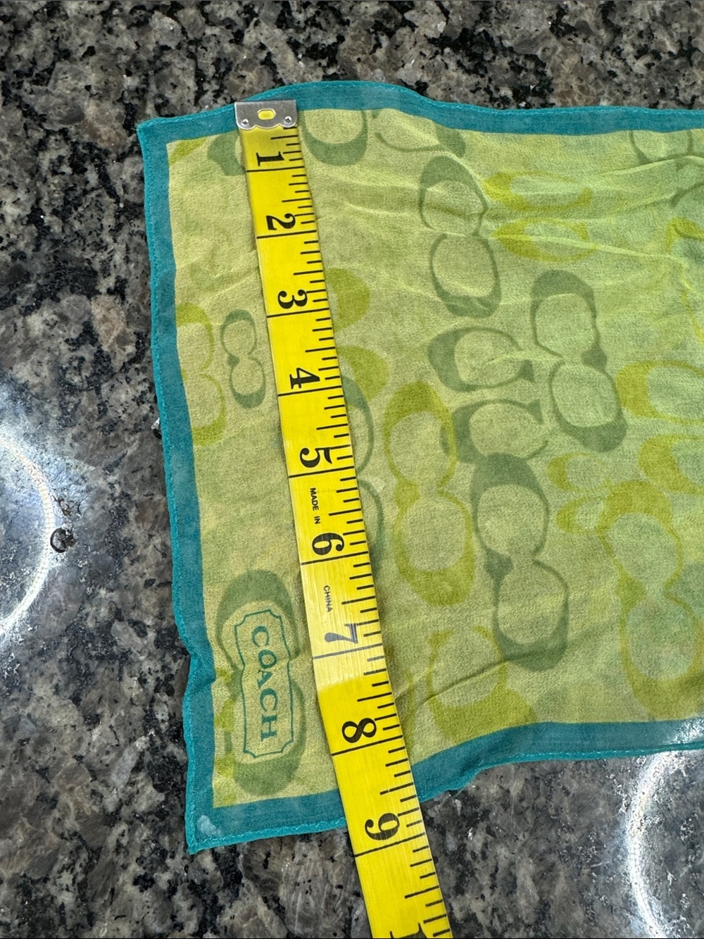 Coach silk Lime Green and Teal Logo Print Scarf - Picture 12 of 12